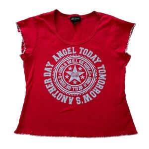 No Boundaries Red Angel Today Tomorrow Graphic Tee Shirt Sleeve Lettuce Hem